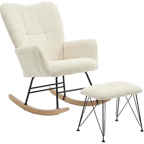 KEEZY Nursery Rocking Chair with Stool Upholstered Glider Rocker Rocking Accent Chair Padded Seat with High Backrest Armchair Comfy Side Chair for Living Room Bedroom Offices (Beige)