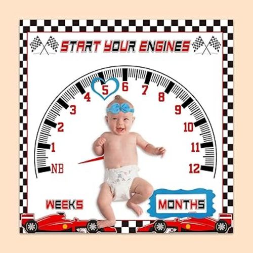 Baby Monthly Milestone Blanket, Racing Car Speed Disc Check Flag Blanket for Nursery, Unisex for Newborn 1-12 Months, Includes 4 Frame and 1 Headband 47"x47" BTLSPH343