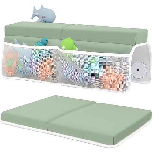 Bath Kneeler and Elbow Rest Pad Set - Baby Support for Knees and Elbows - Kneeler with Memory Foam and Bath Toys Organizer - Ideal Kneeling Pad for Bathing Baby - Green