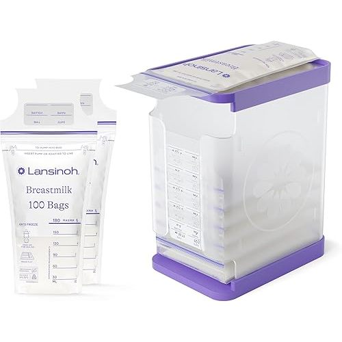 Lansinoh Breastmilk Storage Container with Quick-Freeze Tray, Stores 10 Bags + 100 Breastmilk Storage Bags, Baby Essentials, Fast Freeze & Thaw, Strong & Flexible, 6 Oz