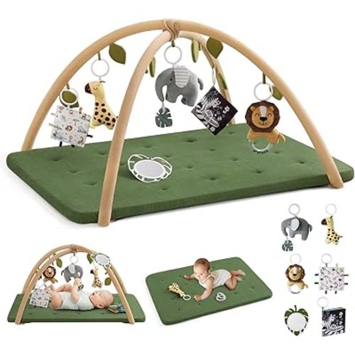 Blissful Diary Baby Play Gym Mat, Extra Thick Muslin Cotton Tummy Time Mat with 6 Sensory Toys for Newborn Development, Non-Slip Cushioned Foam Padding, Baby Essentials Shower Gift, Forest Green