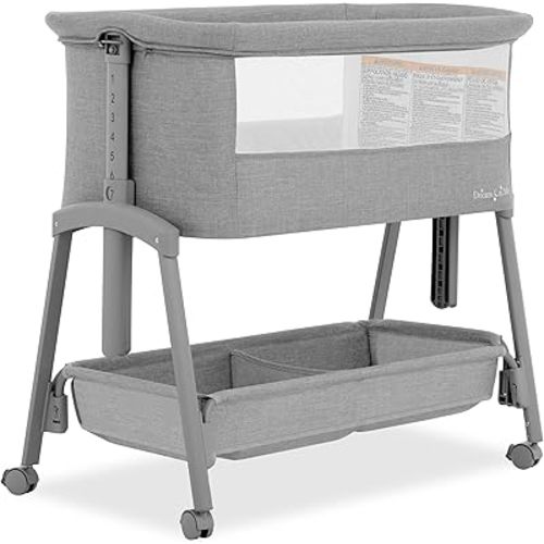 Dream On Me Calypso Portable Bassinet with Wheels in Grey, Quick & Easy Folding, Seven Adjustable Height, Machine Washable Fabric, Portable and Packable Bedside Bassinet