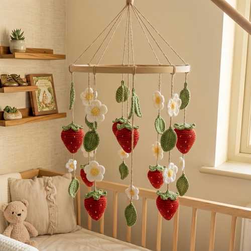 Crochet Strawberry Baby Mobile – Handmade Crib Mobile with Flowers, Strawberry Nursery Decor, Baby Shower Gift