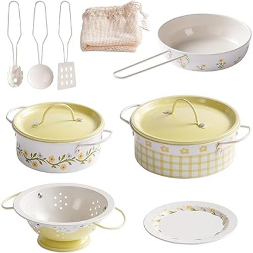 ROBUD Kids Pots and Pans Playset,Toddler Kitchen Accessories Pretend Cooking,Cottagecore Yellow Stainless Steel Pots and Pans Metal, Kitchen Set for Kids, Mini Toy Kitchen Accessories(9 Pieces)