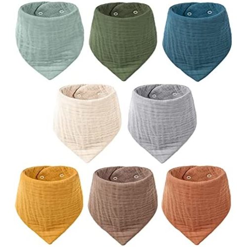 Konssy Muslin Baby Bibs 8 Pack Baby Bandana Drool Bibs 100% Cotton for Unisex Baby, 8 Solid Colors Set for Teething and Drooling