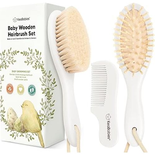 Baby Hair Brush and Comb Set for Newborn - Wooden Baby Hair Brush Set with Soft Goat Bristle, Baby Brush Set for Newborns, Baby Brush and Comb Set Girl, Boy, Toddler Cradle Cap Brush (Oval, Vanilla)