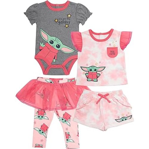STAR WARS The Mandalorian Baby Girls' Clothing 4-Piece Set, Baby Yoda Baby Clothes with Bodysuit, Tee, Shorts, and Pants