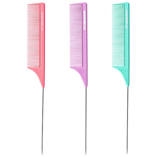 Goodofferplace 3 PCS Rat Tail Combs Parting Rattail Teasing Fine Tooth Comb with Metal Pick for Curly Hair,Detangling Parting Combs for Women,for Braiding,Styling Hair(Pink Purple Green)
