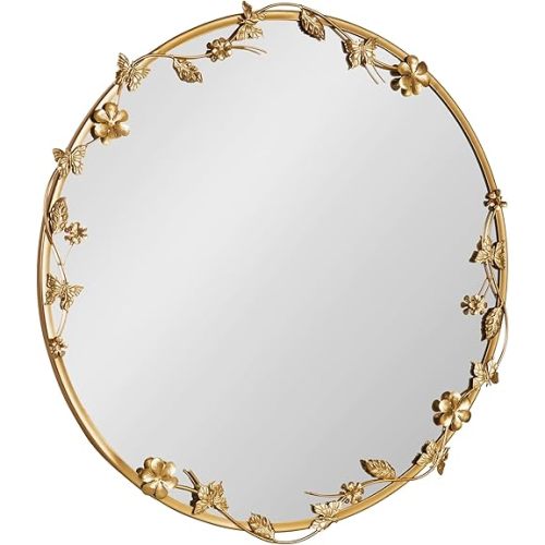 Kate and Laurel Rosella Modern Ornate Round Wall Mirror, 26 Inch Diameter, Gold, Circle Mirror with Floral Detailing for Use as Bathroom Mirror for Over Sink or Cute Nursery Mirror Decor