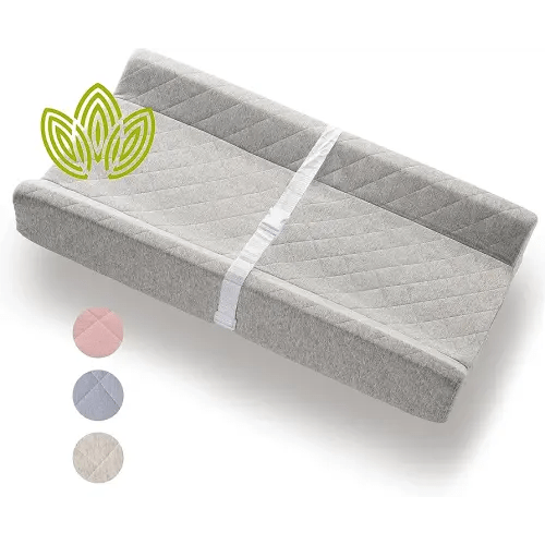 Organic Cotton Contoured Baby Changing Pad w/Waterproof Foam Mattress, Includes Soft, Removable & Washable Cover, Safety Strap, Non-Slip Bottom, Topper for Standard Size Infant Diaper Table & Dresser
