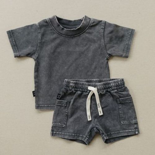 Kids Hayes Acid Wash Short Sleeve Set Charcoal 5t - Olive + Scout