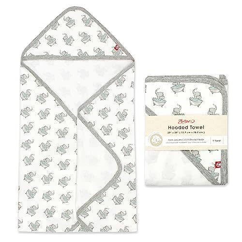 Zutano Hooded Baby Towels, Organic Cotton Baby Bath Towel, Ultra Soft and Absorbent Baby Towel for Newborn and Infant | Girl, Boy, and Unisex Towel Set, Elephant Bath Time, 1-Pack