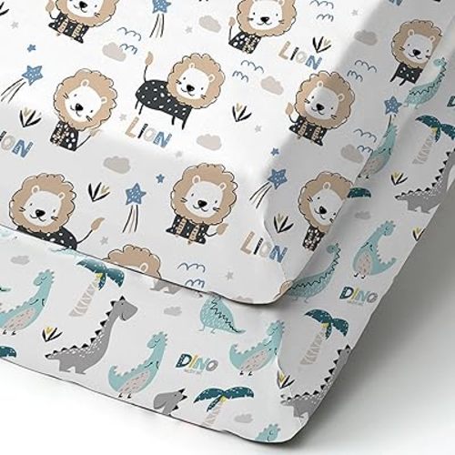 BROLEX Baby Fitted Crib Sheets: Kid Crib Sheets - Set of 2 for Toddler Standard Size Crib Mattress for Boys and Girls - Jersey Knit Crib Bed Sheets Dinosaur Lion