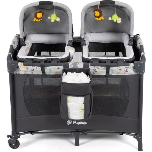Twin Bassinet & Full-Size Infant Bedside Bassinet & Playard for Baby, Includes 2 Removable Rock-A-Bye Portable Bassinets with Storage Bags, Gray