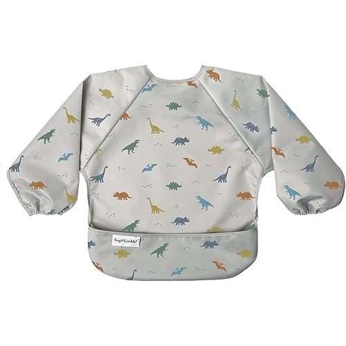 Tiny Twinkle Mess Proof Baby Bib, Cute Full Sleeve Bib Outfit, Waterproof Bibs for Toddlers, Machine Washable, Tug Proof Closure, Baby Smock for Eating, Long Sleeved (Dinosaur, Large 2-4 Years)