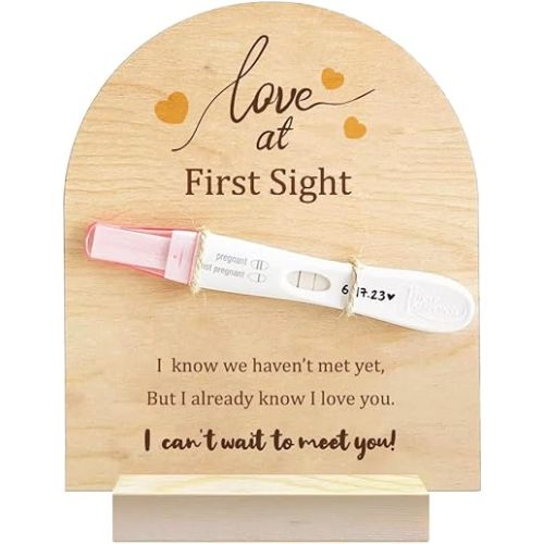 1 Pc Wooden Pregnancy Announcement Sign, Love at First Sight Wooden Pregnancy Test Keepsake with Base & Twine Rope Pregnancy Reveal to Husband Dad to Be Gift for Display