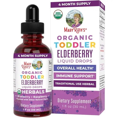 MaryRuth Organics Toddler Elderberry Syrup, USDA Organic Elderberry, Sugar Free Kids Immune Support Supplement for Ages 1-3 Years, Clean Label Project Verified®, Vegan, Non-GMO, Gluten Free, 1 Fl Oz