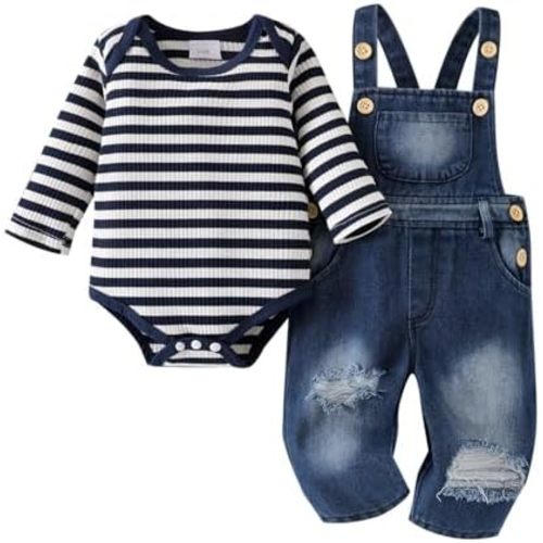 Baby Boy Clothes Newborn Suspender Overalls Ripped Jeans Long Sleeve Striped Romper Fall Winter Outfits 0-18 Months