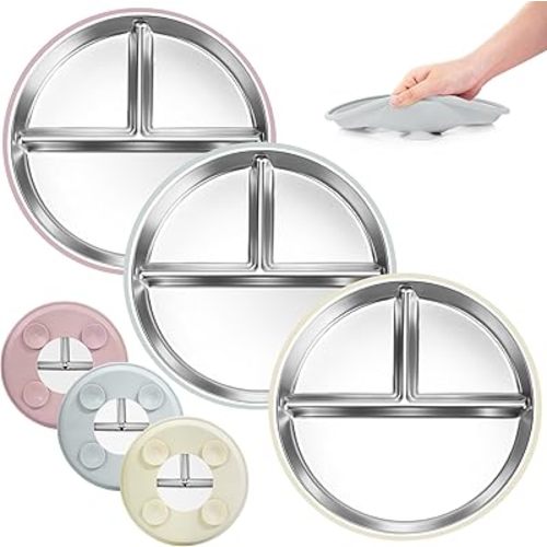 Bella's Friends Stainless Steel Kids Plates Suction Plate for Baby,3 Packs Non-Toxic Divided Toddler Plates,Food-Grade Silicone Plate for Baby,Dishwasher Safe,Grey White Pink