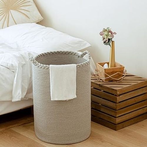 72L Woven Laundry Basket,Tall Wicker Laundry Basket for Blankets,Clothes,Pillows,Toys,Shoes Large Cotton Laundry Hamper for Bedroom Living Room Bathroom