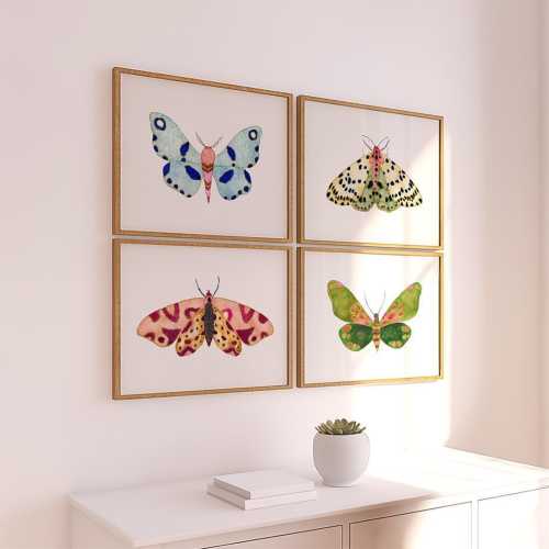 Watercolor Moth Art Set of 4, Colorful Pretty Bug Prints, Green Pink Blue Yellow Moths, Modern Nature Wall Paintings,  Insect Decor