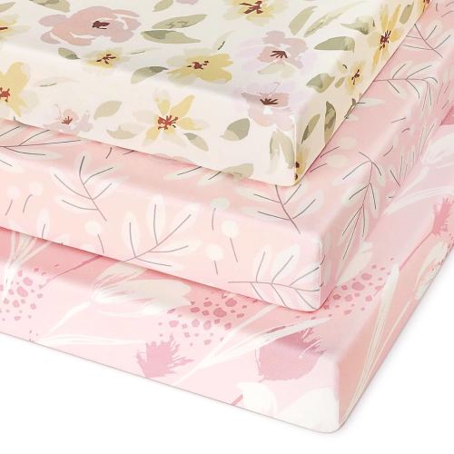 Pack and Play Sheets Fitted 3 Pack, Mini Crib Sheets for Pack N Play Mattress Stretchy Portable Playard Sheets, Soft Breathable Pink Flowers & Leaf