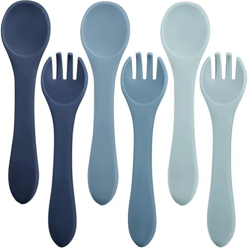 6 Pieces Silicone Baby Feeding Forks and Spoons Set Hot Safety First Stage Self Feeding Supplies Mini Kids Utensils for Over 6 Months Babies Boy Girl Toddlers First Foods (Ocean Color)