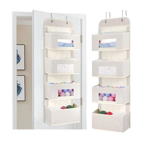 MAX Houser 4-Shelf Over The Door Hanging Organizer with 2 Metal Hooks, 4 Pocket Swing-Proof Behind Door Organizers with Clear Windows for Nursery Bathroom Closet,Dorm,Baby Diapers, Kids Toys (Beige)