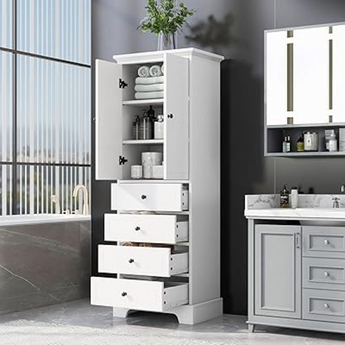 Tall Storage Cabinet, Bathroom Floor Freestanding Storage Cabinet with Two Doors, 2 Drawers, and Adjustable Shelves for Bathroom, Office, Living Room, White