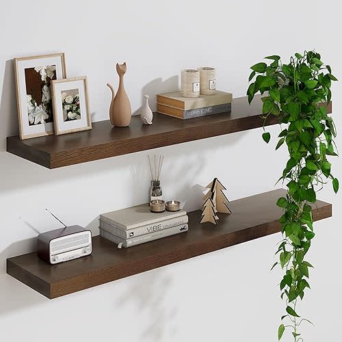 Marsmiles Solid Wood Floating Shelves for Wall, 36”W x 9”D x 1.56”H Large Wall Shelves for Living Room Bedroom Bathroom Kitchen Drcor Storage with Invisible Heavy-Duty Metal Bracket, Walnut, Set of 2
