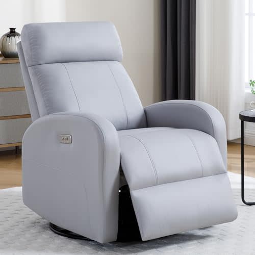 HOMYKA Power Swivel Rocker Recliner, Leather Recliner Chairs with USB Port Swivel Glider Reclining Chair Rocking Recliner for Adults Living Room, Grey