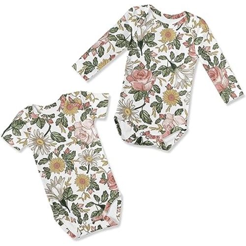 Sweet Jojo Designs Pink Green Vintage Floral Girl Baby Bodysuit Infant Outfit 2 PC Set Long and Short Sleeve