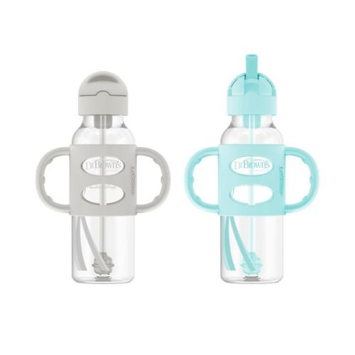 Dr. Brown's 8oz Milestones Narrow Sippy Straw Bottle With Silicone Handles - 2pk - 6m+ - Green & Gray