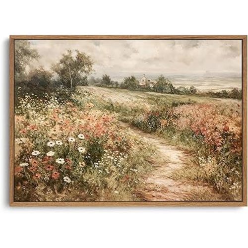 OIQArtOIQ Framed Canvas Wall Art,Vintage Decor,Landscape Nature Country Wildflower Paintings Farmhouse Pictures Modern Artwork Rustic Fall Flower Prints Cottagecore Office Living Room Bedroom Bathroom
