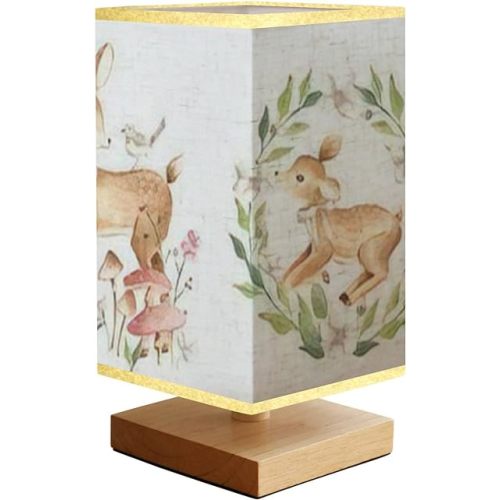 Bedside Table Lamp Baby Deer Woodland Watercolor Fawn Forest Animals for Nursery and 16 Colors Wooden Desk Lamps Remote Control Square Fabric Shade Nightstand Bedroom College Dorm, Multi