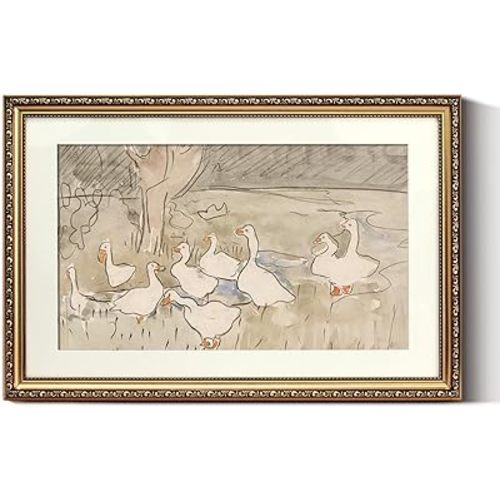 ARPEOTCY Vintage Gold Framed Large Wall Art, Farmhouse Nursery Duck Paintings, Canvas Prints with Antique Picture Frame, Cute Duck Illustration Victorian Wall Decor for Living Room 16x24 inch