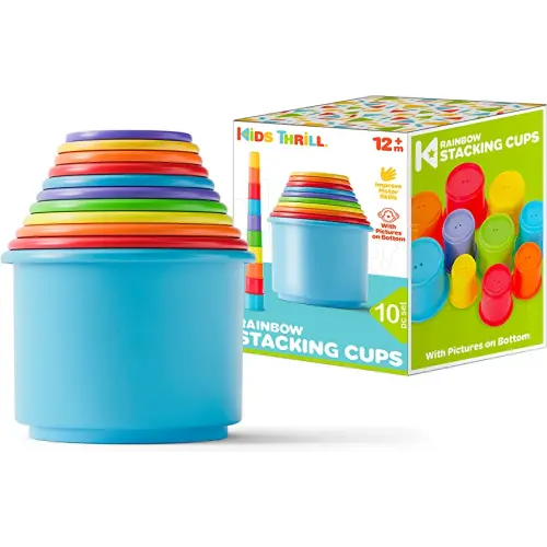 KIDSTHRILL Rainbow Colors Baby Stacking Cups for Toddlers, Tall Baby Stacking Toys Nesting Cups, Drain Holes for Bath Toys, Educational & Motor Skills Sorting & Nesting Toys for 1 2 3 Years Old