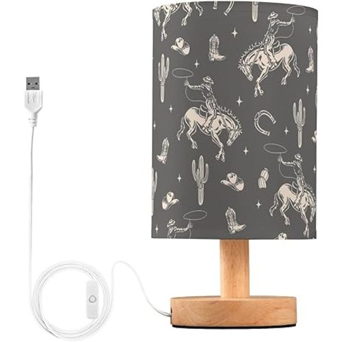 Western Cowboy Cactus Gray Bedside Table Lamp Nightstand Lamp with Wood Base Night Light Linen Fabric Shade for Bedroom Living Room Nursery Office Desk