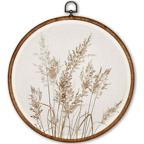 TLESKE Beige Rustic Fall Botanical Round Wall Art Decor, Boho Autumn Wildflower Floral Framed Canvas Prints Wall Art Artwork, Neutral Vintage Wall Hanging Door Decor Decorations for Farmhouse Bedroom Living Room 10x10in