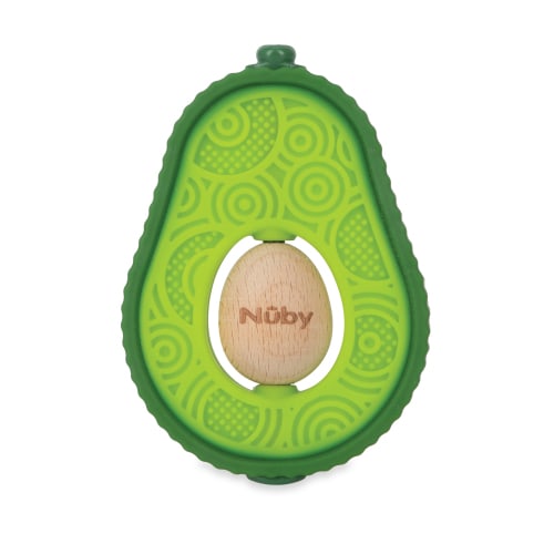 Nuby Avocado Muncher Silicone and Wood Teether Toy for Babies, Green Avocado Design