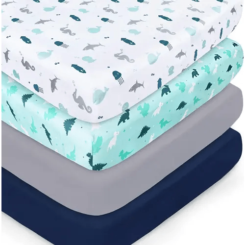 Crib Sheets for Boys or Girls 4-Pack, Fitted Crib Sheet 52'' x 28'' for Standard Crib & Toddler Mattress, Soft and Breathable Material, Baby Crib Sheets Neutral, Dinosaurs & Ocean