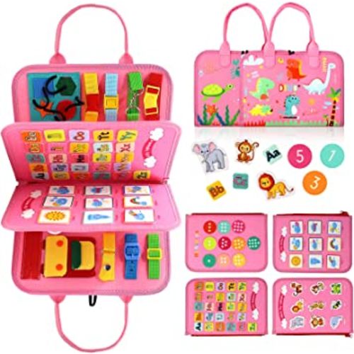 Qizfun Busy Board Montessori Toy for 1 2 3 4 Years Old, Educational Activity Sensory Board Preschool Learning Fine Motor Skills Toys, Toddler Travel Toy for Plane Car, Gift for Boys Girls (Pink/P4)