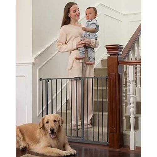 InnoTruth Baby Gate for Stairs 28.9-42.1" Wide, 30" Tall Easy Step Walk Through Expandable Dual Lock Dog Gates for The House, Metal Pressure Mounted Easy Install Pet Gate for Dogs, Black