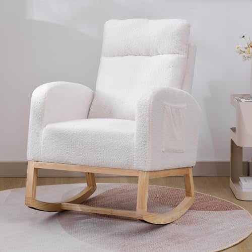 Krinana Nursery Rocking Chair with Solid Wood Legs, Glider Chair for Nursery with Two Side Pockets, Rocker Armchair for Living Room Bedroom (White, Teddy Fabric)