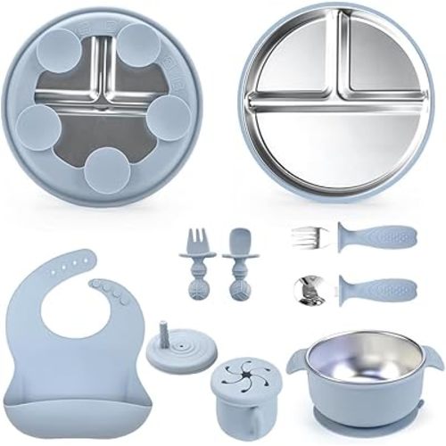 Silicone Baby Feeding Set，Baby Bowls with Suction,Toddler Tableware Set,3 Compartment Stainless Steel Silicone Bowl & Utensils (Blue)