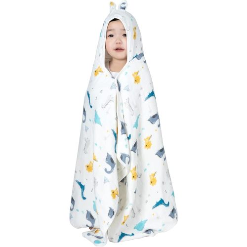 Muslin Hooded Towel Made from Organic Cotton 6-Layer Cotton Bath Towel, Soft Bath Towels 25x51inches for Toddler Baby and 1-5 Years Old Kids Dinosaur