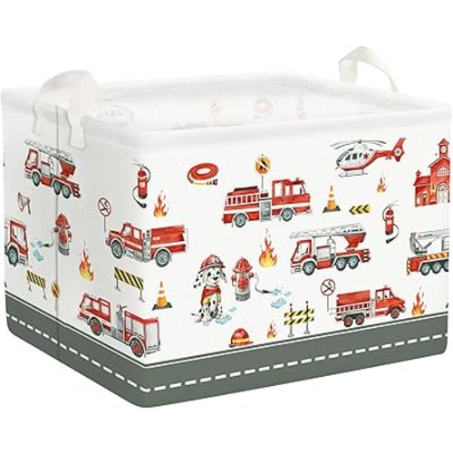 Clastyle Rectangle Large Red Fire Car Boy Gift Basket Collapsible Spotted Dog Engine Book Shelf Basket Toy Clothes Cube Storage Basket for Kids Room Nursery