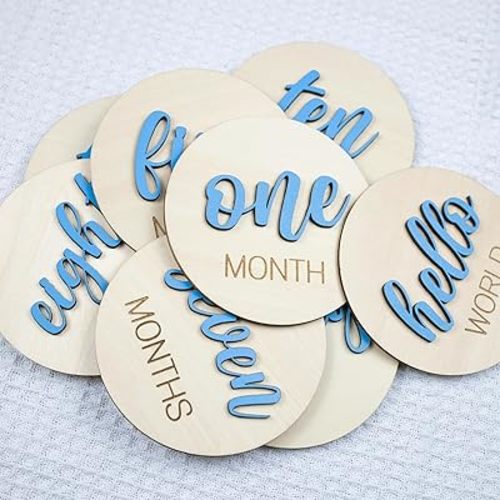 8pcs 4in Baby Monthly Milestone, Wooden Baby Milestone Signs, Monthly Milestone Wood Discs, Baby Milestone Discs (Blue)