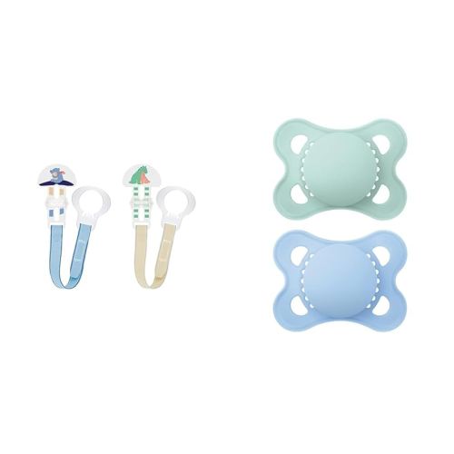 MAM 2 Pacifier Clips for Boys with Rings and Fasteners, MAM 2 Original Matte Baby Pacifiers 0-6 Months