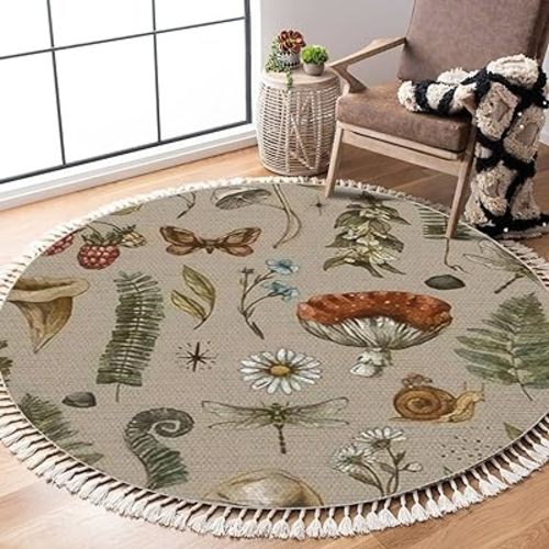 Round Area Rugs Vintage Woodland Nature Seamless Mushroom Fern Forest Plants Botanical Woven Rug Bedroom Decor Bathroom Powder Room Laundry Room Boho Carpet Outdoor Rug Minimalist Home Decor, 4 ft